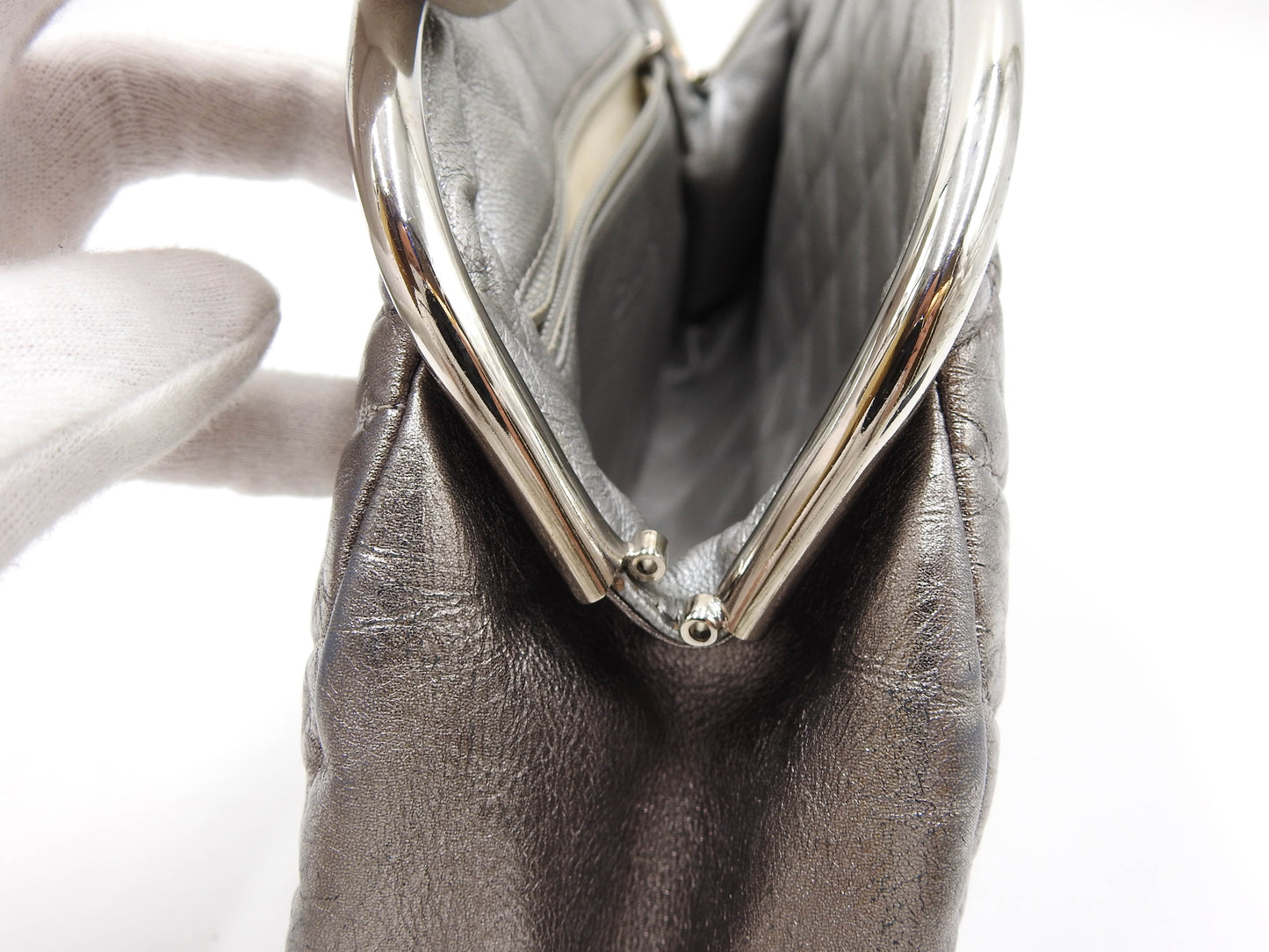 CHANEL CC Matelasse Kiss Lock Timeless Clutch Hand Bag Lambskin Silver