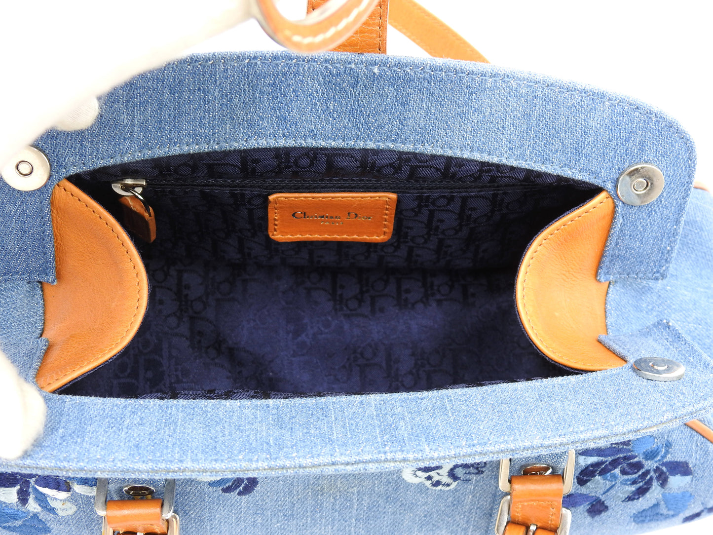Christian Dior Denim Embroidered Flower Kiss Lock Hand Bag Blue Brown