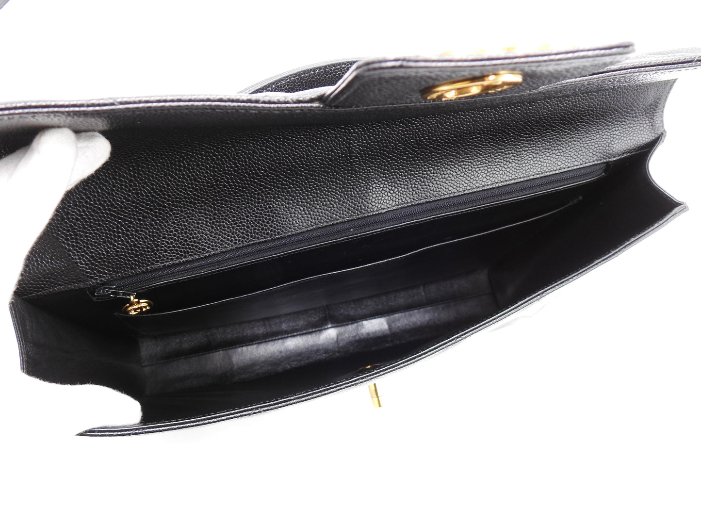 CHANEL CC Matelasse Briefcase Business Bag Caviarskin Leather Black Gold