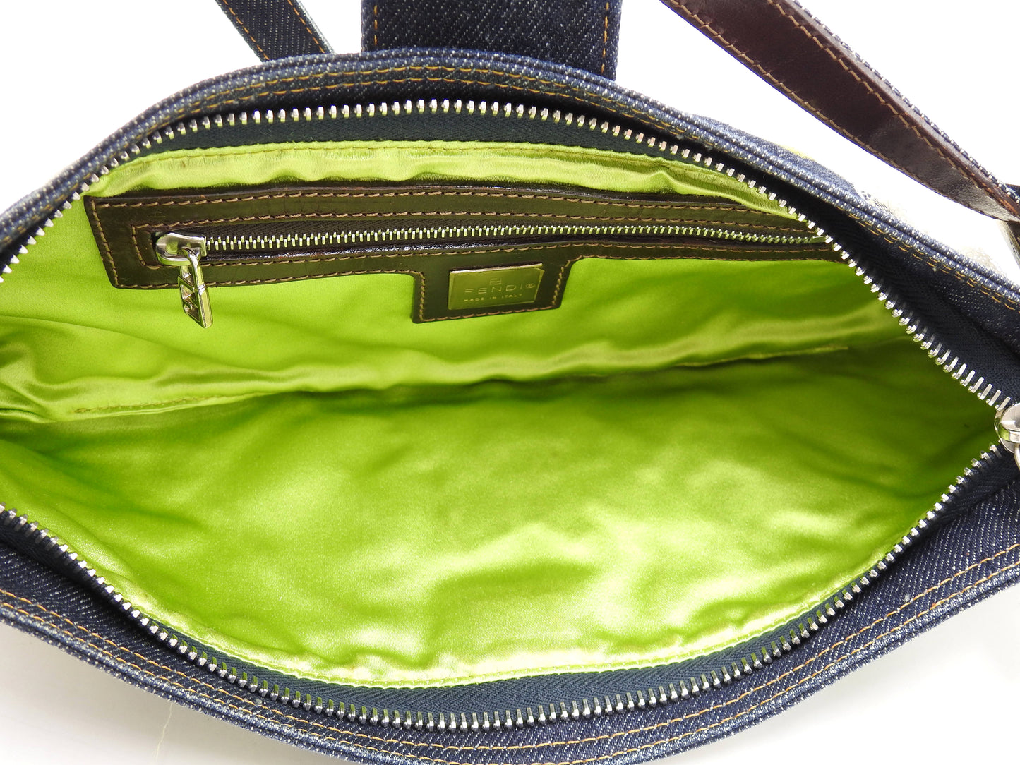 FENDI Denim Mamma Baguette Shoulder Hand Bag Flower Embroidered Navy