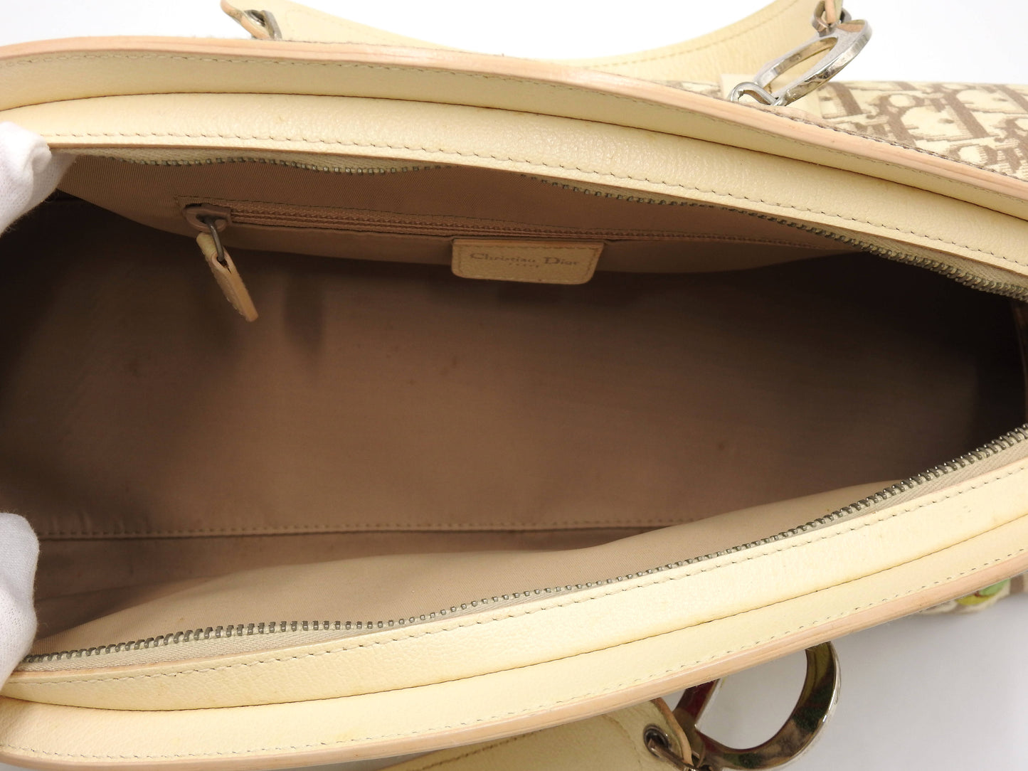 Christian Dior Trotter Embroidered Flower Hand Bag Canvas Leather Beige