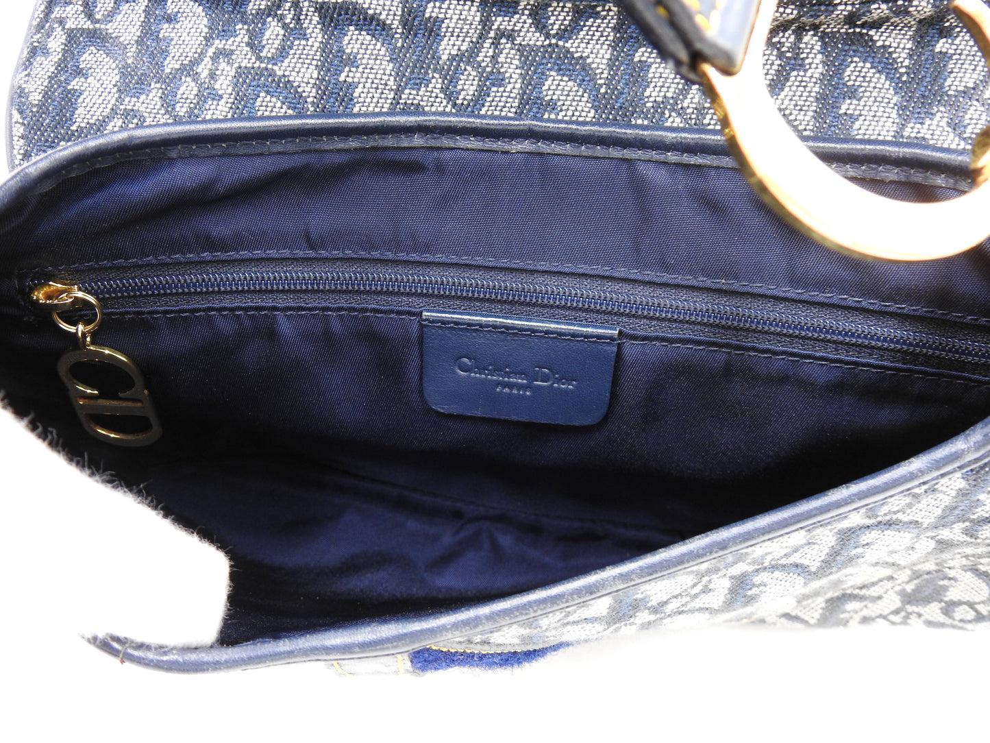 Christian Dior Trotter Oblique W Saddle Bag Shoulder Hand Bag Canvas Navy