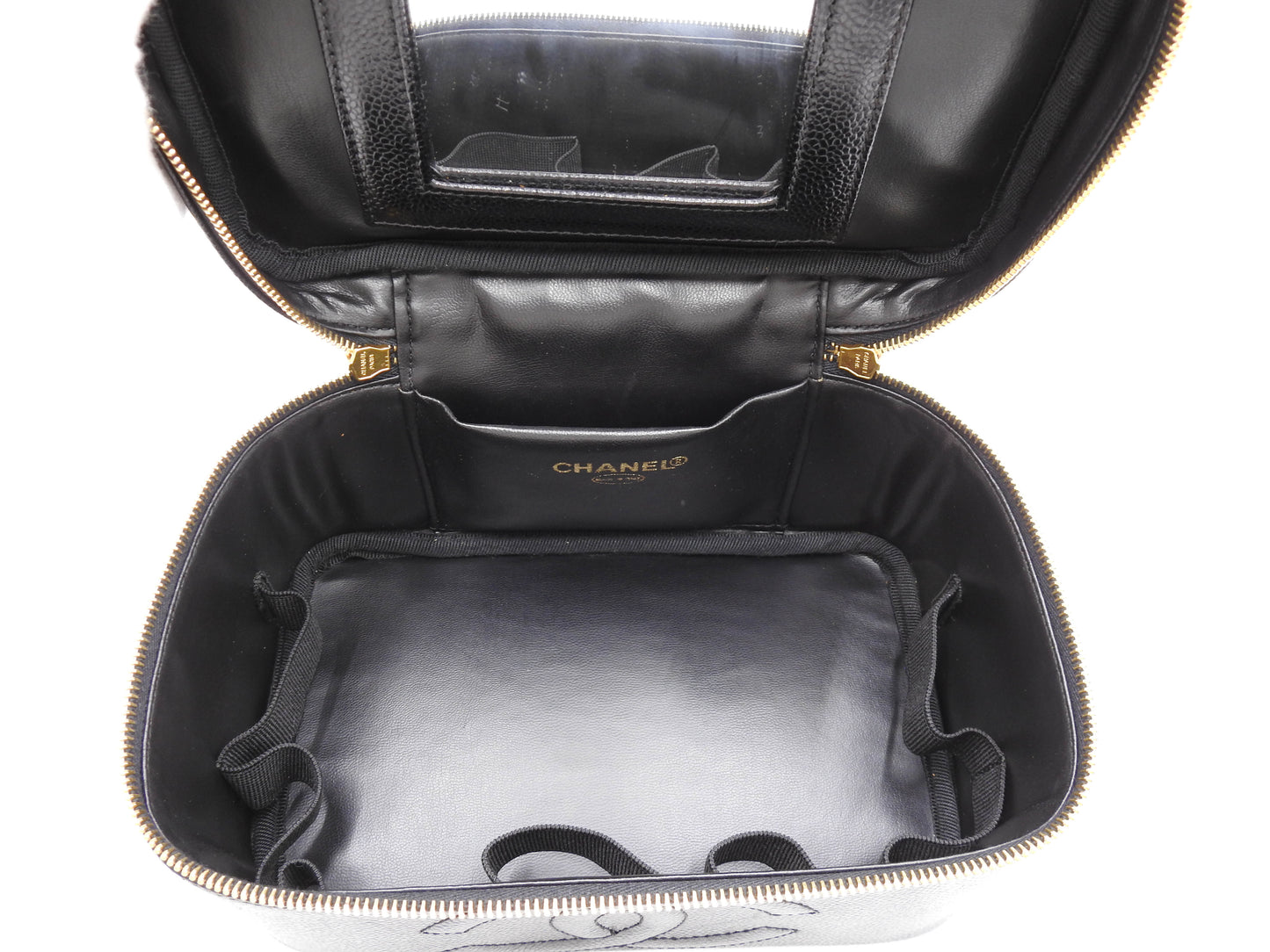 CHANEL CC Vanity Bag Cosmetic Pouch Caviarskin Leather Black Gold A08090