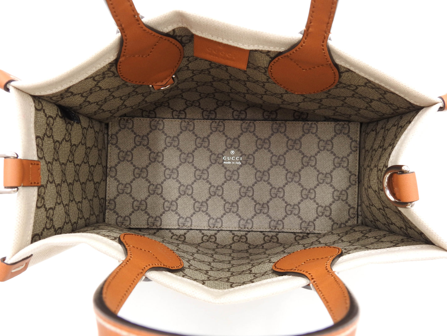 GUCCI Logo Print Medium 2way Shoulder Tote Bag Canvas Beige Brown 772144