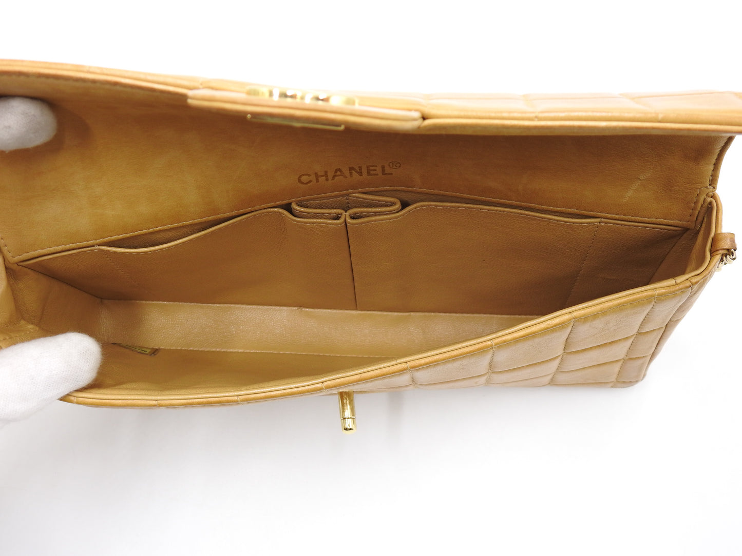 CHANEL Chocolate Bar Chain Shoulder Bag Lambskin Leather Beige Gold A15316