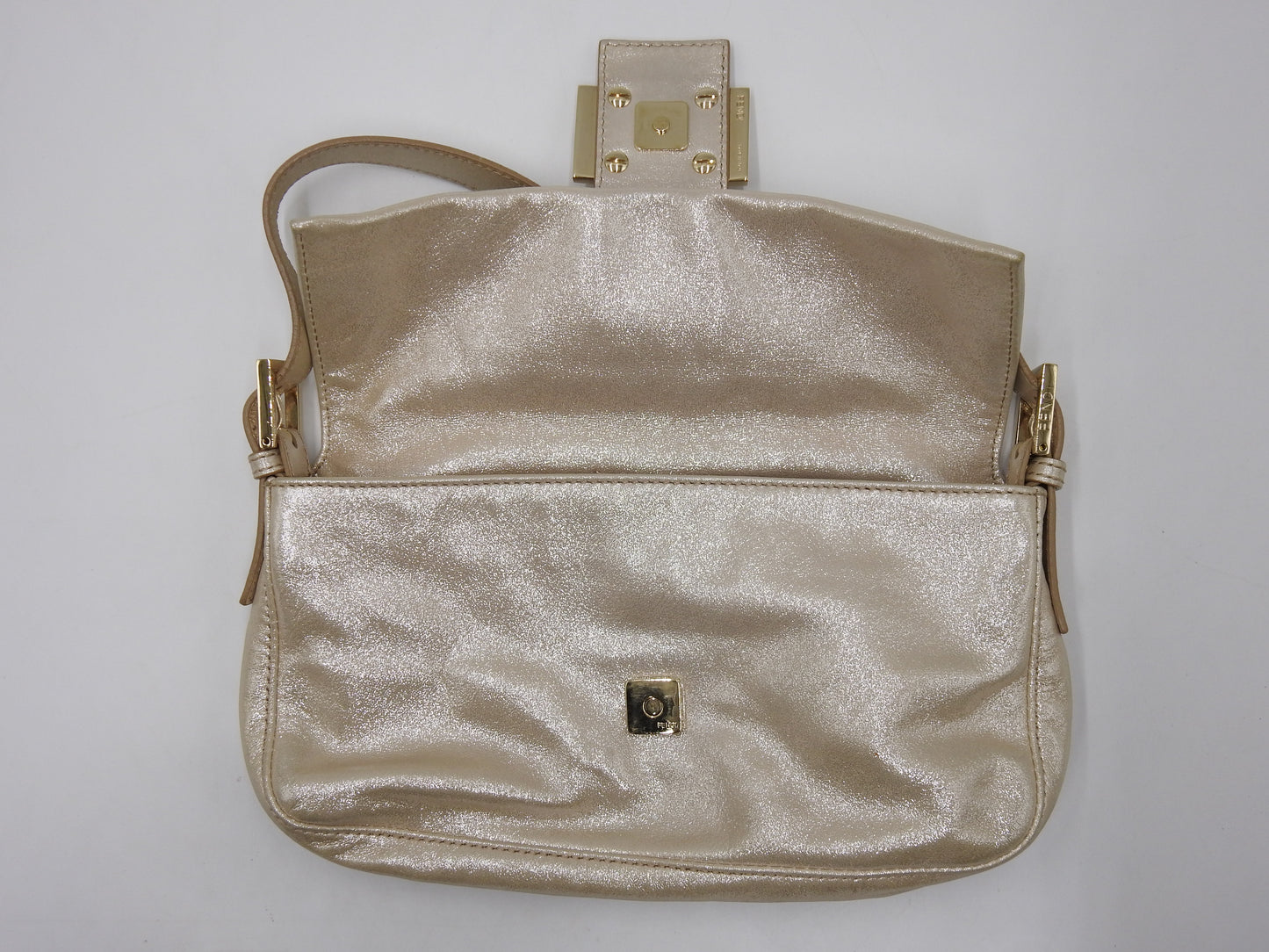 FENDI Crystal Mamma Baguette Shoulder Hand Bag Leather Beige Gold 8BR600