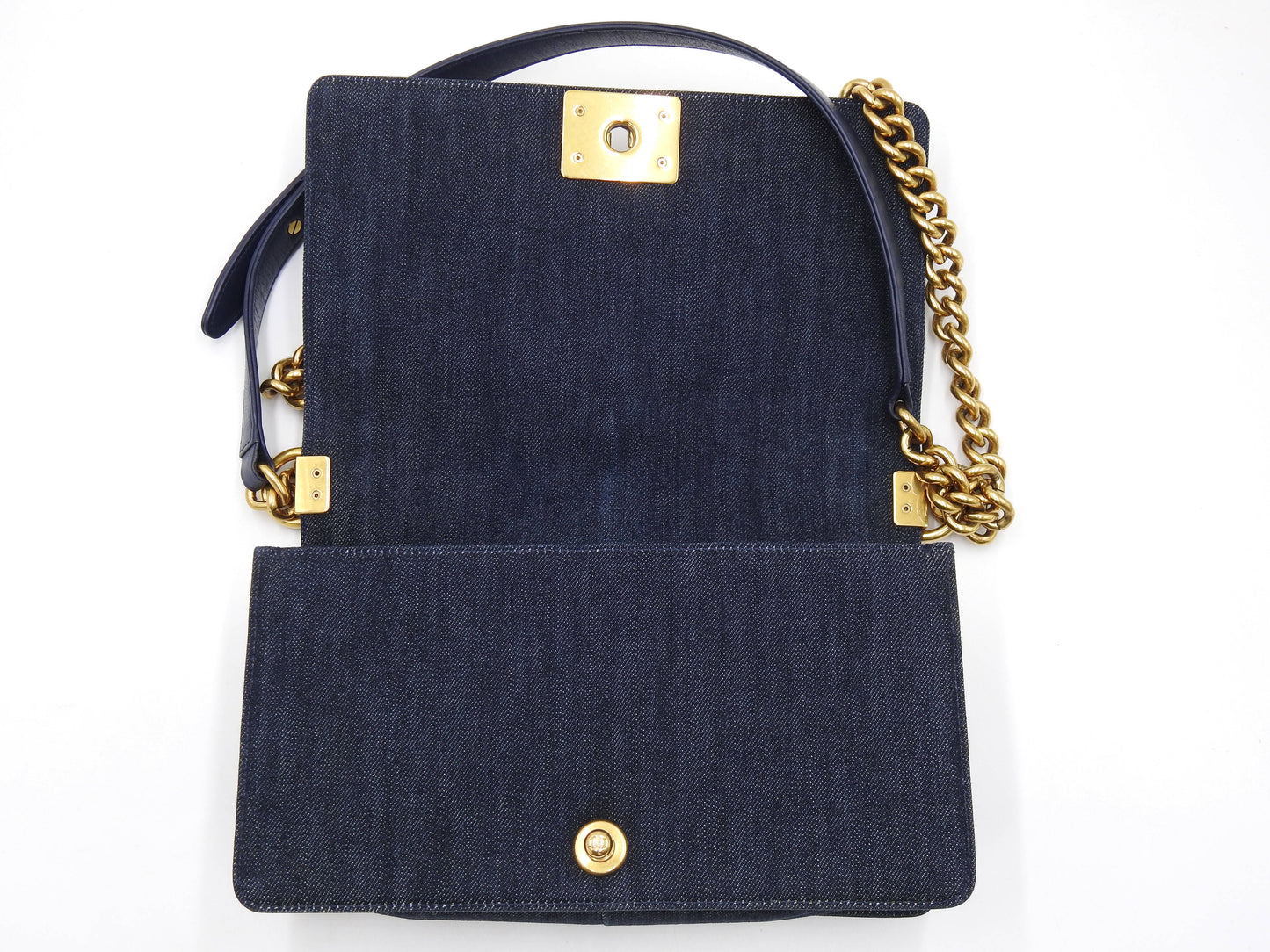 CHANEL Medium Boy Flap 25 Chain Shoulder Bag Denim Tweed Blue Gold A67086