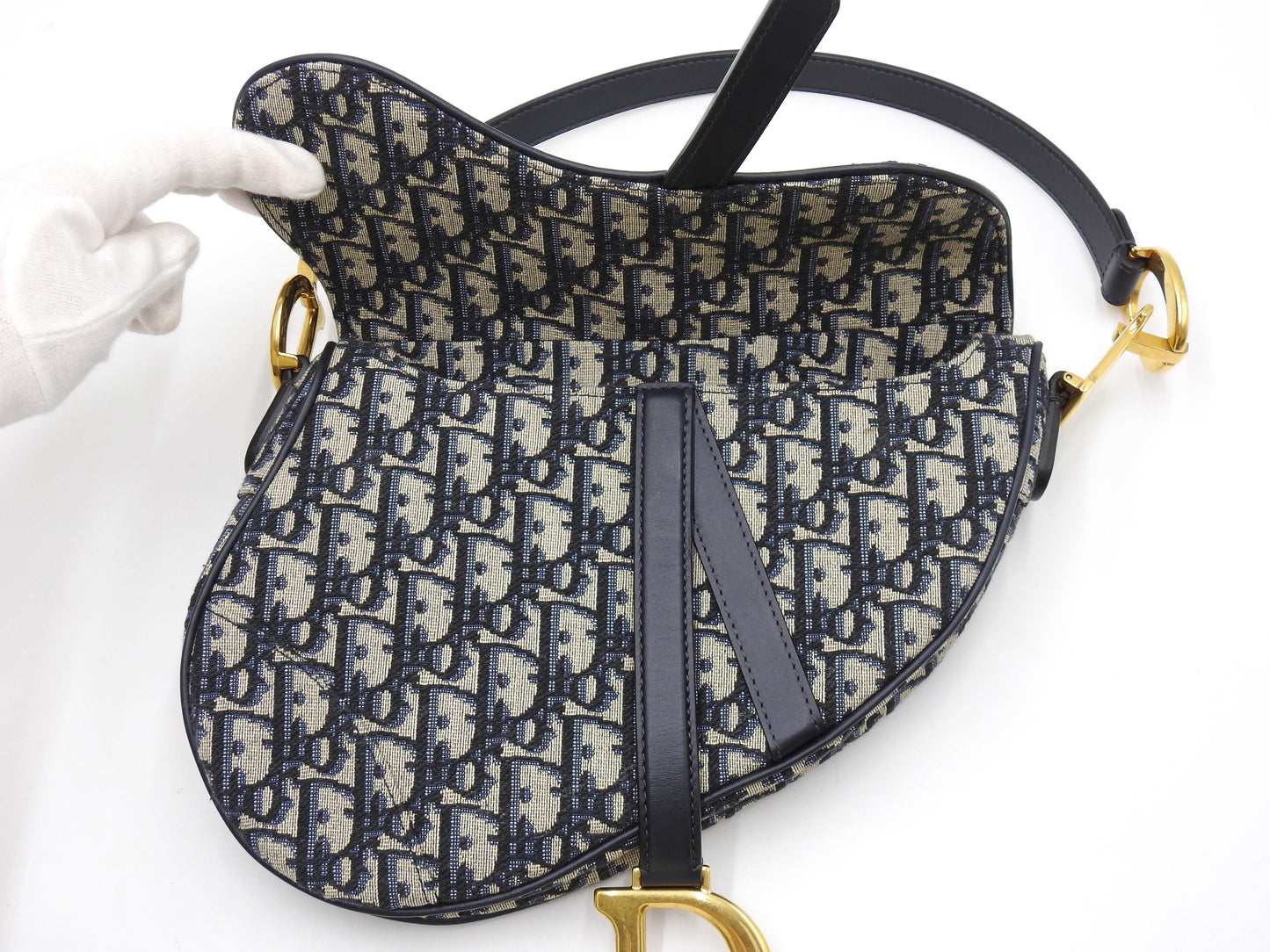 Christian Dior Oblique Jacquard Saddle Bag Shoulder Hand Bag Leather Navy