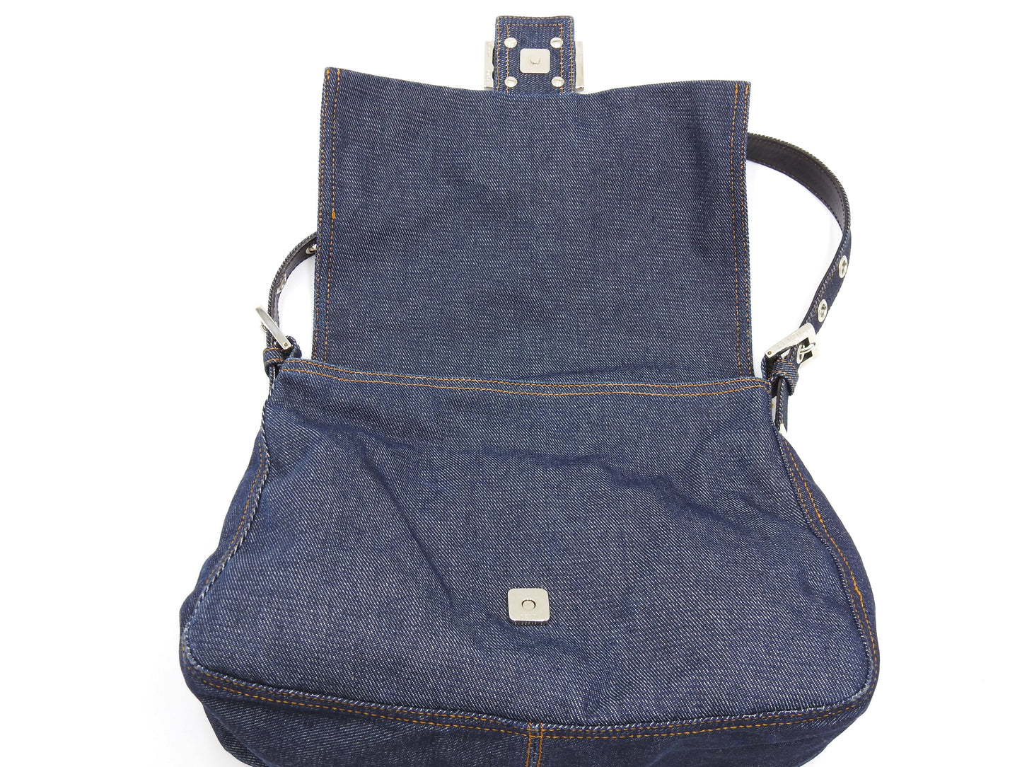 FENDI Mamma Baguette Shoulder Hand Bag Denim Navy Silver Hardware
