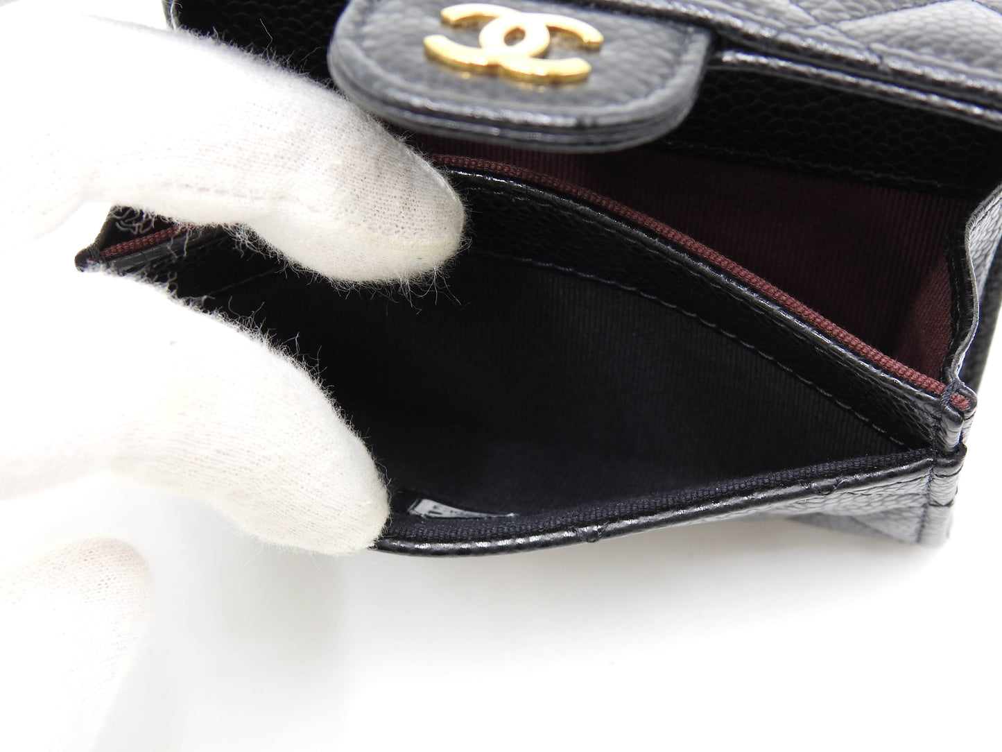 CHANEL CC Matelasse Card Case Holder Caviarskin Black Gold AP0214