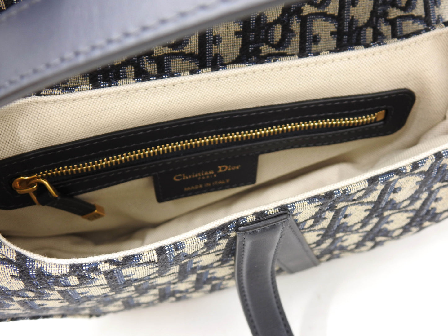 Christian Dior Oblique Jacquard Saddle Bag Shoulder Hand Bag Leather Navy