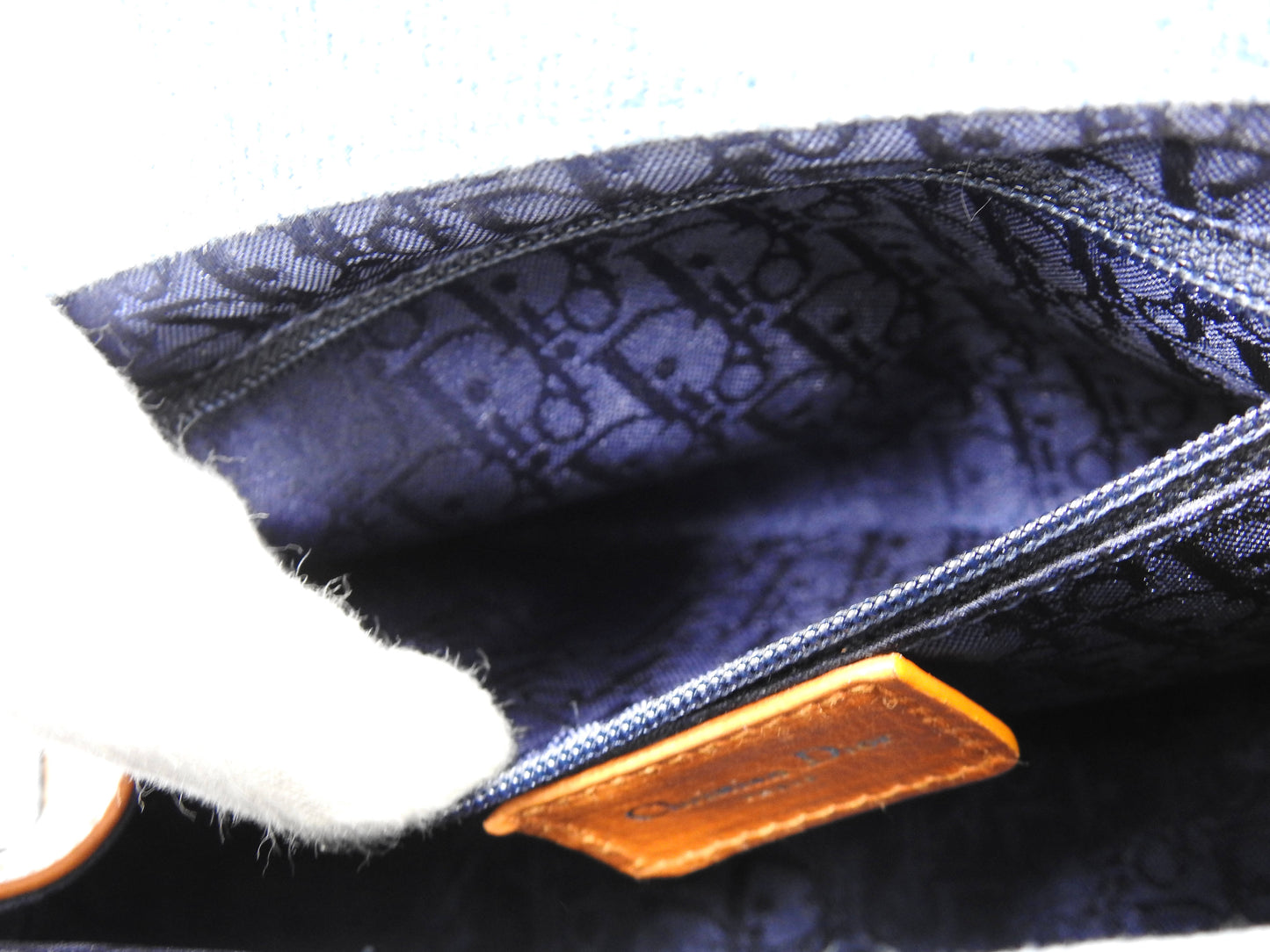 Christian Dior Denim Embroidered Flower Kiss Lock Hand Bag Blue Brown