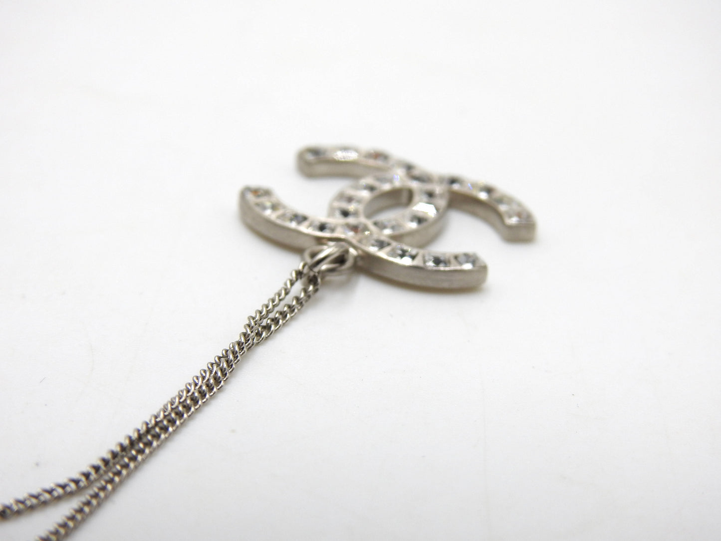CHANEL CC Rhinestone Pendant Necklace SV Silver B12P