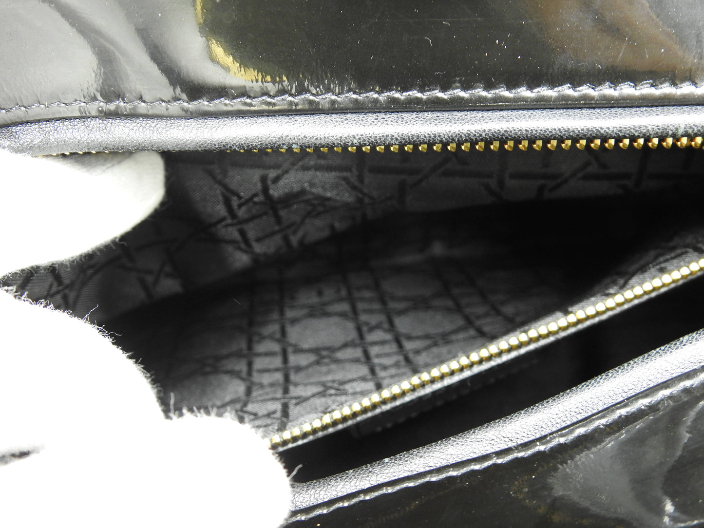 Christian Dior Lady Dior Large Cannage Hand Tote Bag Enamel Patent Leather