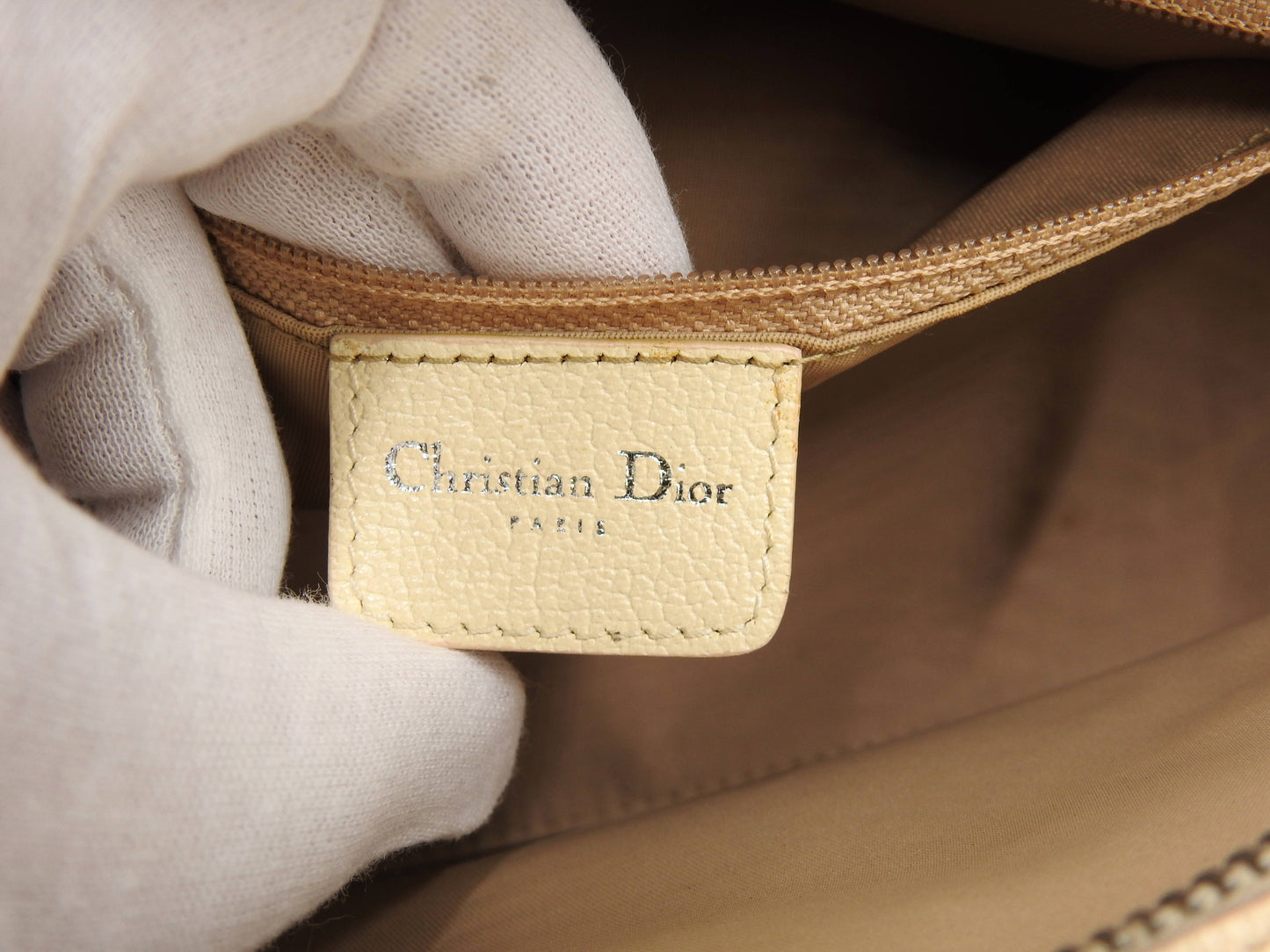 Christian Dior Trotter Embroidered Flower Hand Bag Canvas Leather Beige