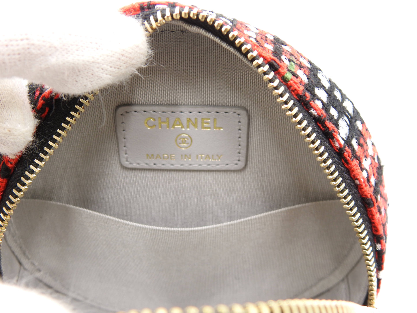 CHANEL 19 Round Chain Clutch Shoulder Bag Tweed Leather Red Black AP0945