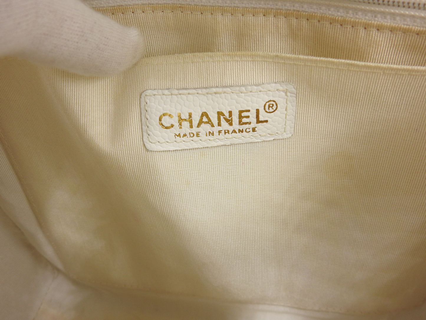 CHANEL CC Kelly Flap Wood Hand Bag Caviarskin Leather White
