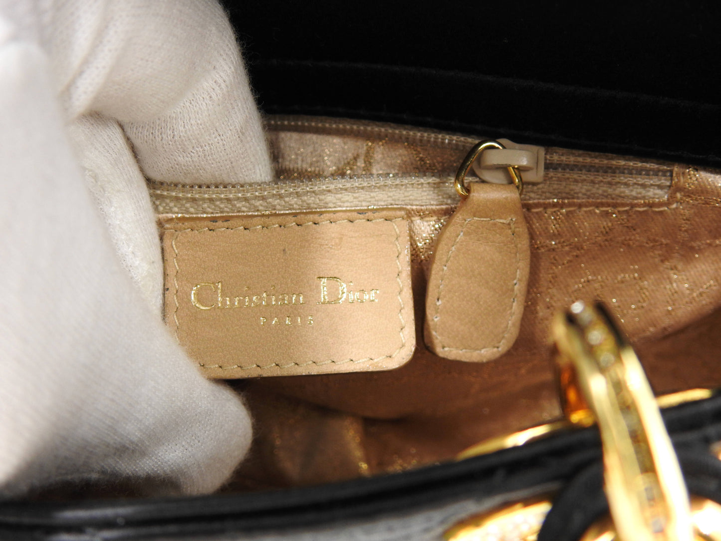 Christian Dior Lady Dior Mini Cannage Hand Bag Satin Crystal Black Gold