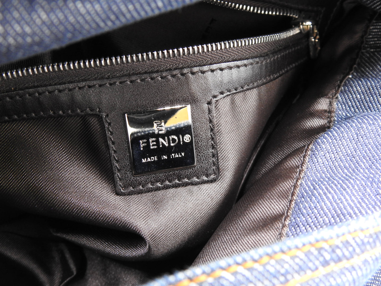 FENDI Mamma Baguette Shoulder Hand Bag Denim Navy Silver Hardware