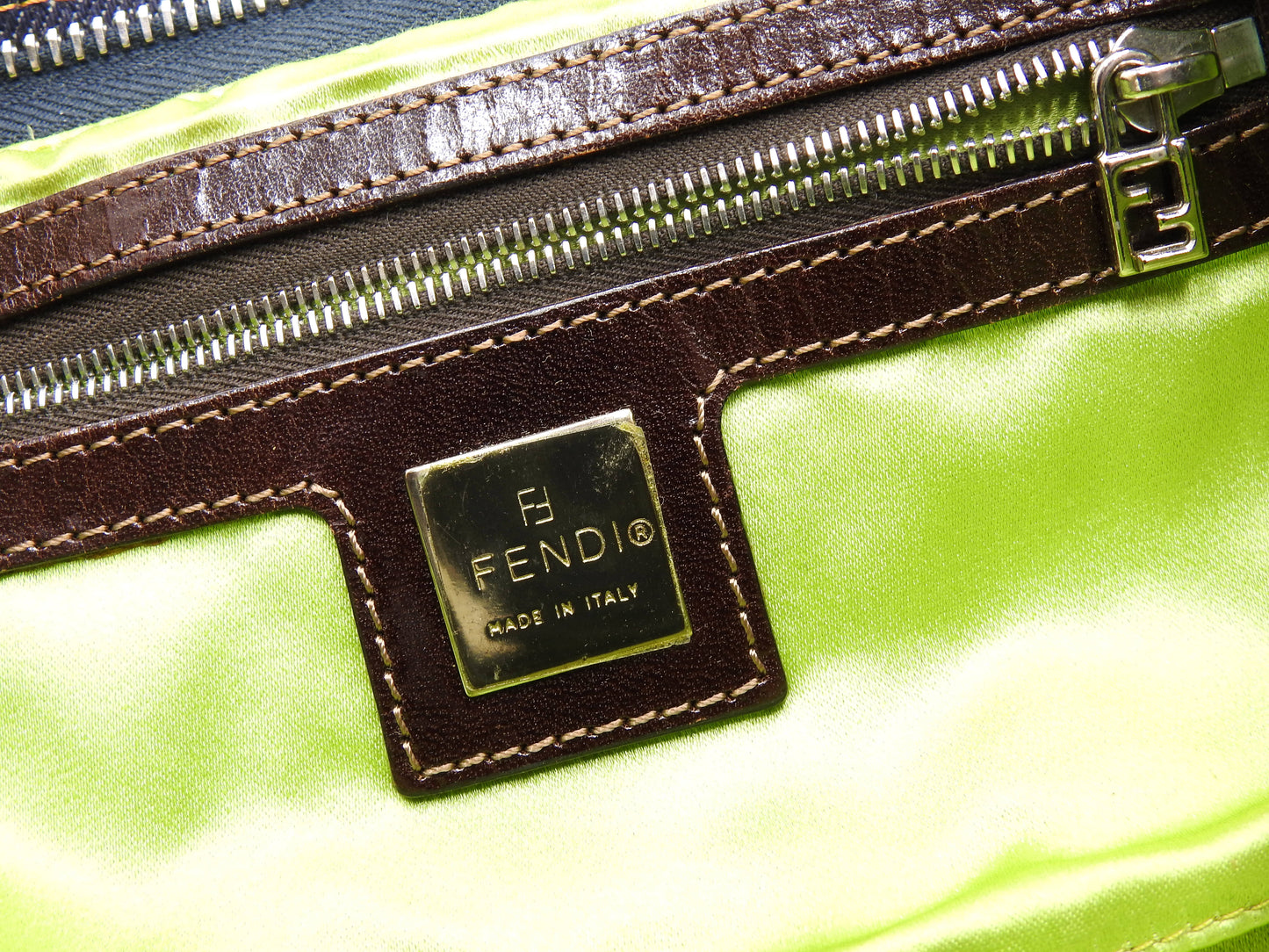 FENDI Denim Mamma Baguette Shoulder Hand Bag Flower Embroidered Navy