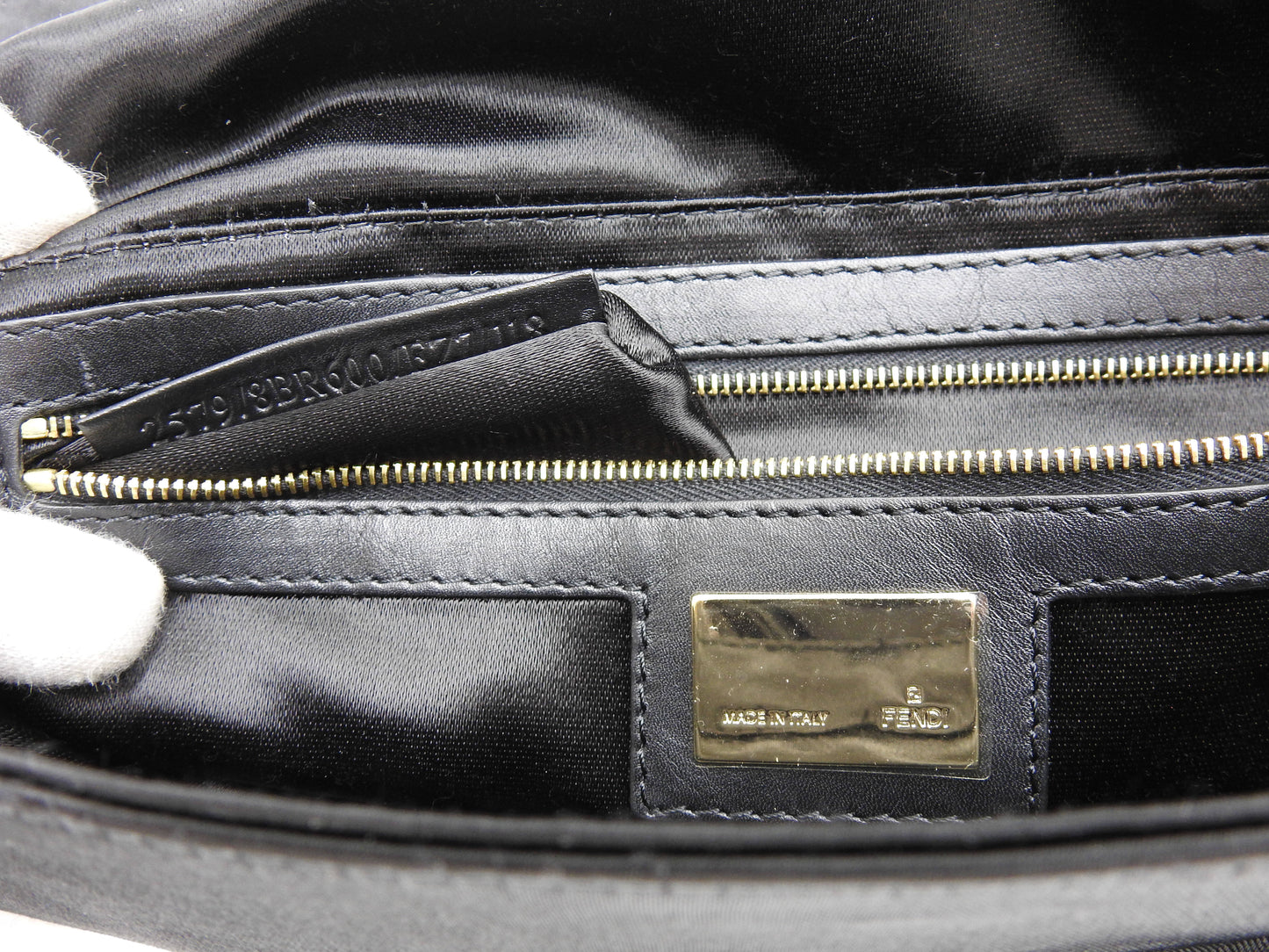 FENDI Mamma Baguette Shoulder Hand Bag Satin Leather Crystal Black 8BR600