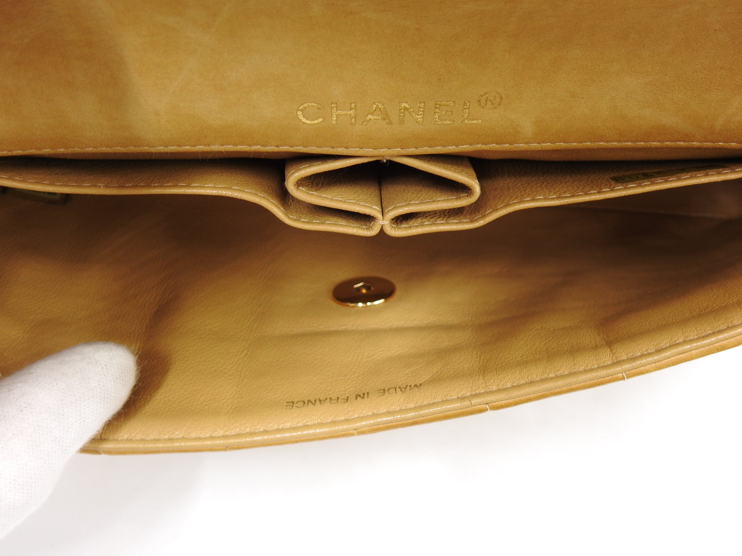 CHANEL Chocolate Bar Chain Shoulder Bag Lambskin Leather Beige Gold A15316