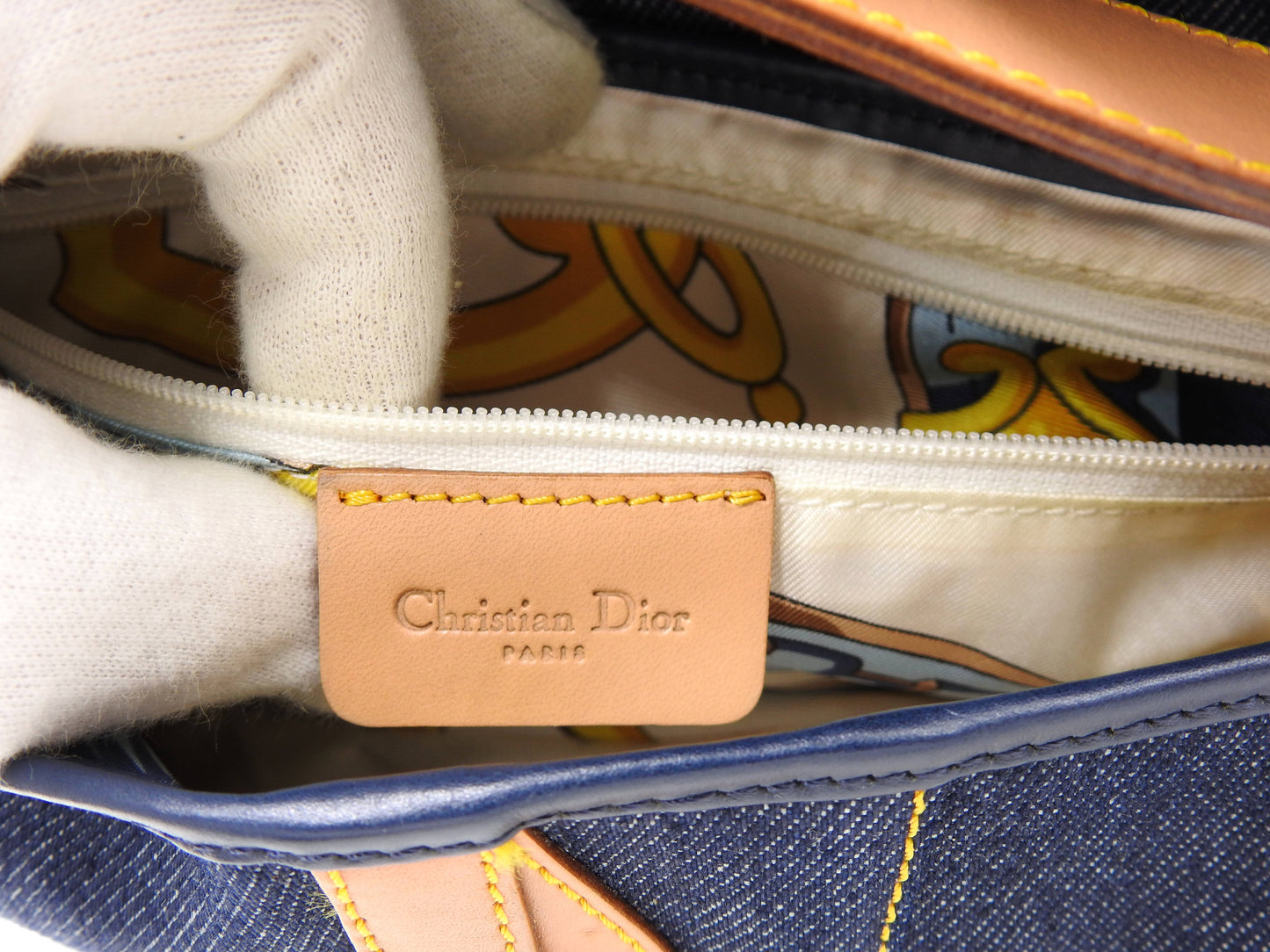 Christian Dior Saddle Bag Shoulder Hand Bag Denim Canvas Leather Navy Gold