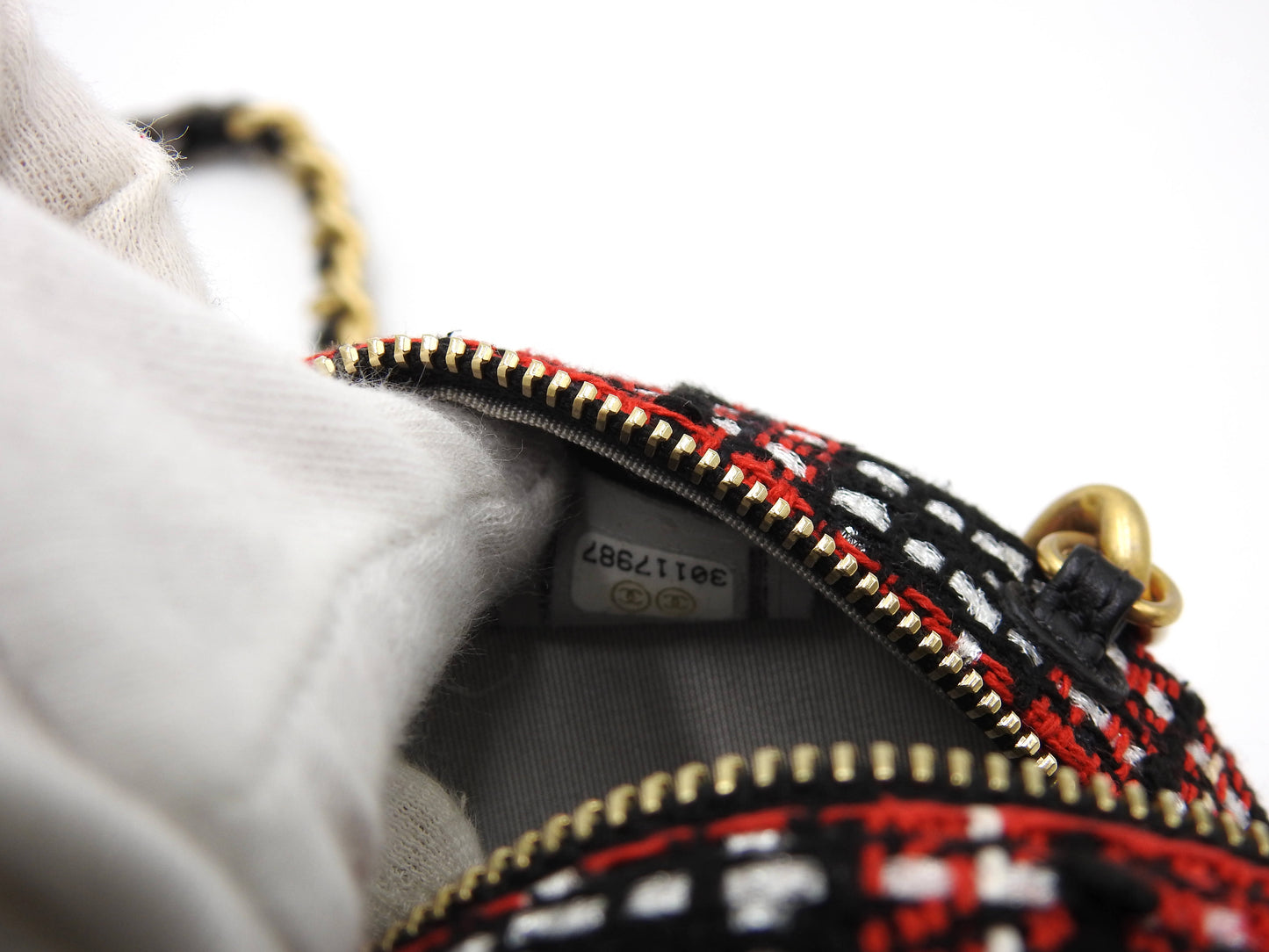 CHANEL 19 Round Chain Clutch Shoulder Bag Tweed Leather Red Black AP0945