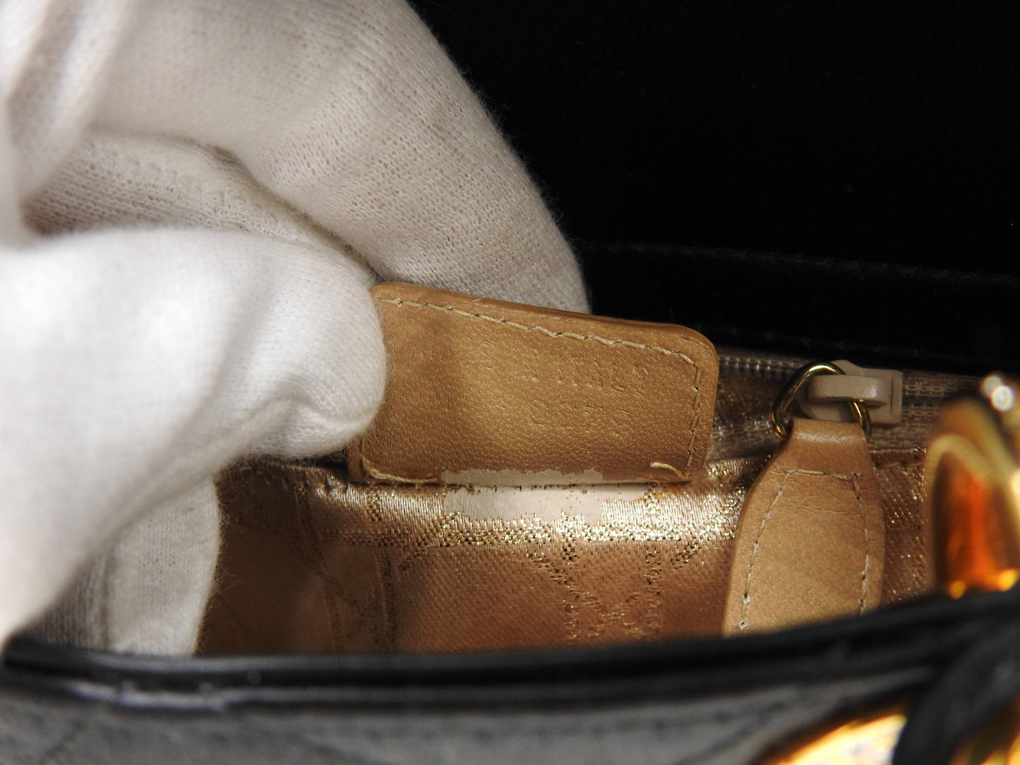 Christian Dior Lady Dior Mini Cannage Hand Bag Satin Crystal Black Gold