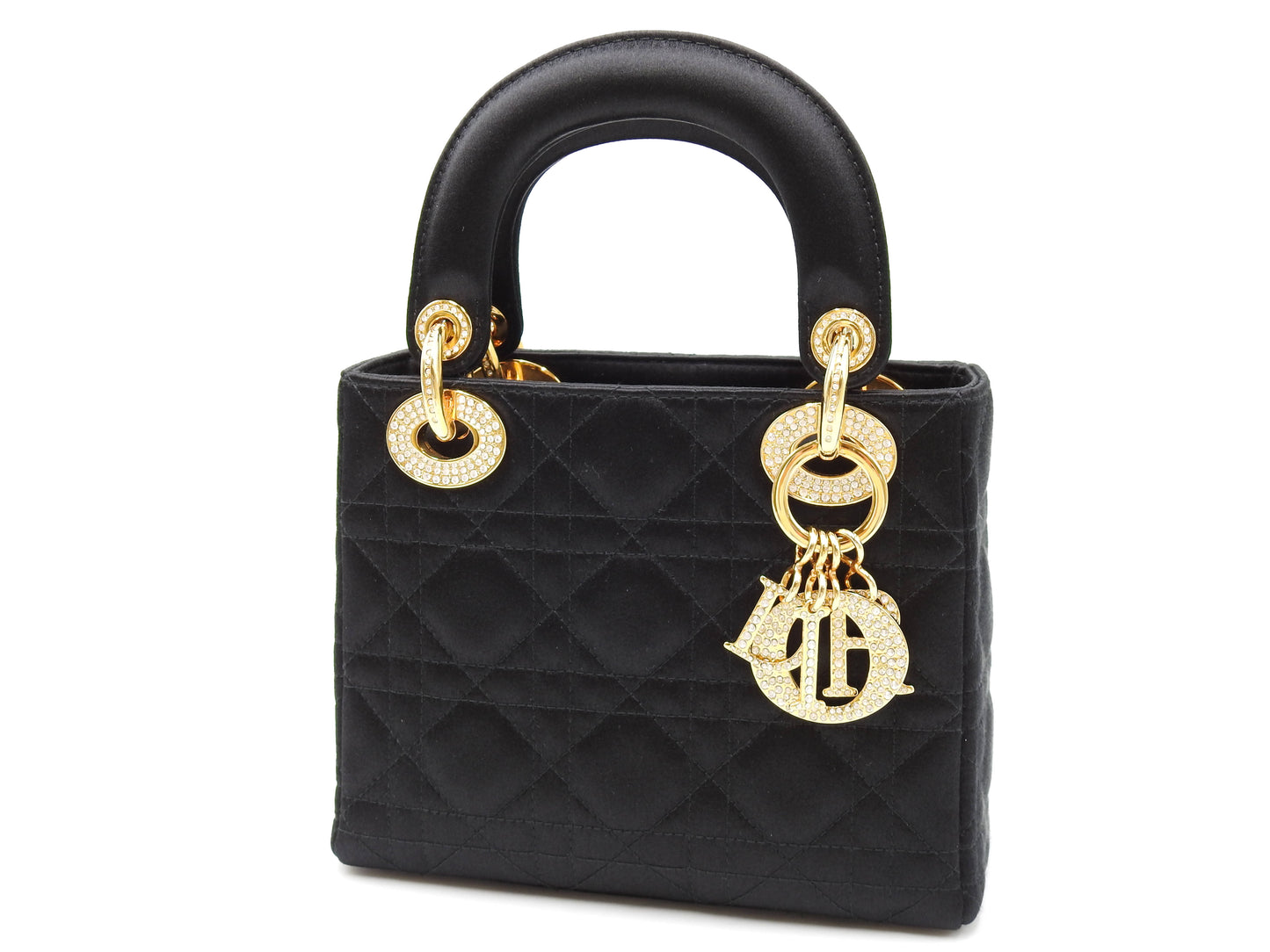 Christian Dior Lady Dior Mini Cannage Hand Bag Satin Crystal Black Gold