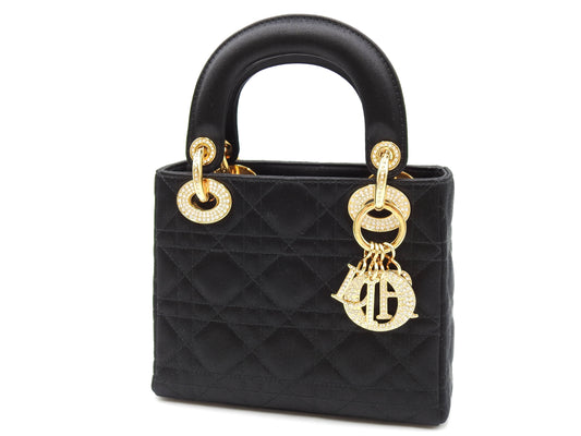 Christian Dior Lady Dior Mini Cannage Hand Bag Satin Crystal Black Gold