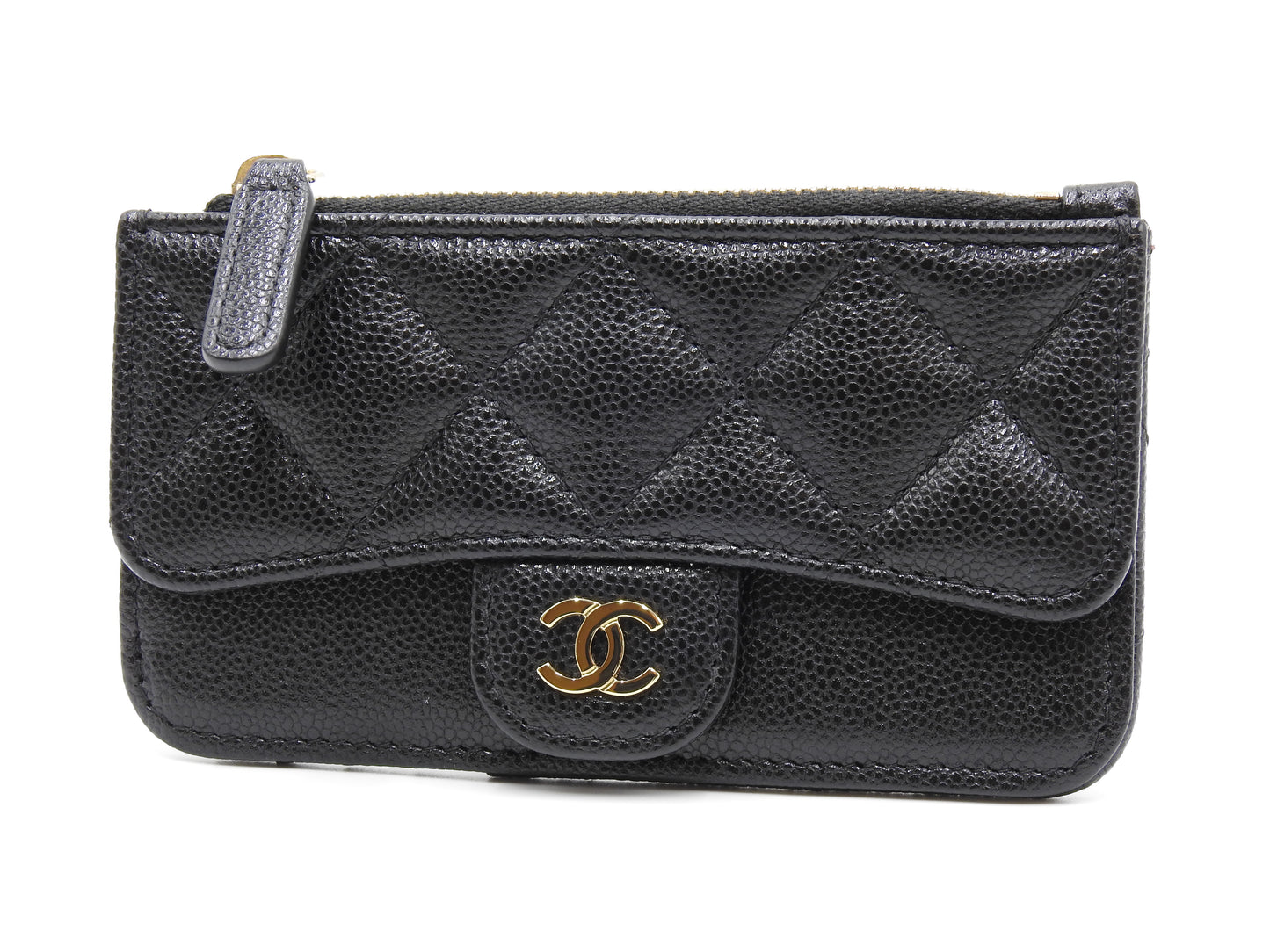 CHANEL CC Matelasse Zip Coin Purse Card Holder Case Caviarskin Black AP2570