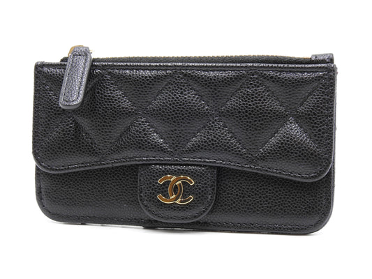 CHANEL CC Matelasse Zip Coin Purse Card Holder Case Caviarskin Black AP2570