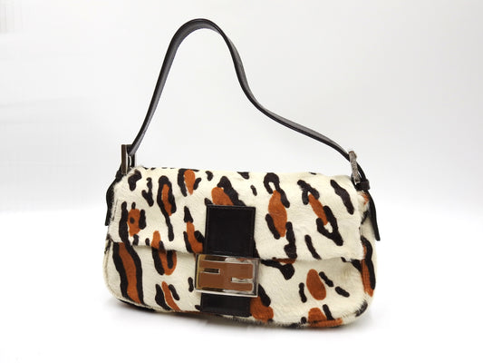 FENDI Leopard Mamma Baguette Shoulder Hand Bag Leather White Brown Silver