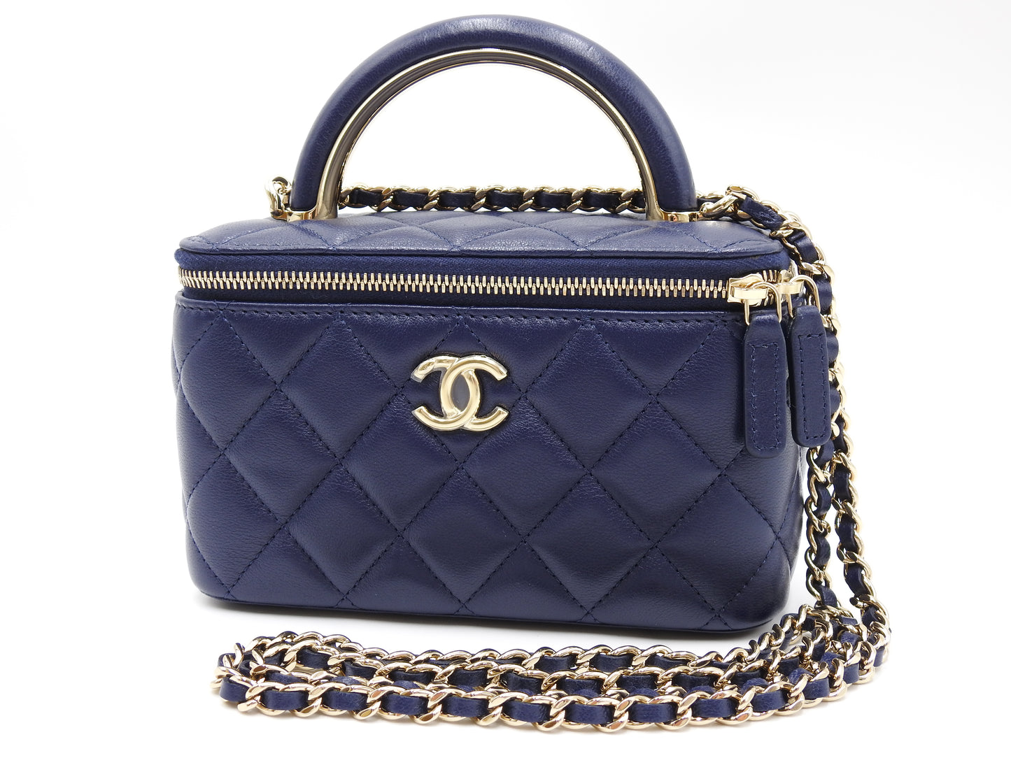 CHANEL CC Matelasse Top Handle 2way Chain Vanity Bag Lambskin Navy Gold