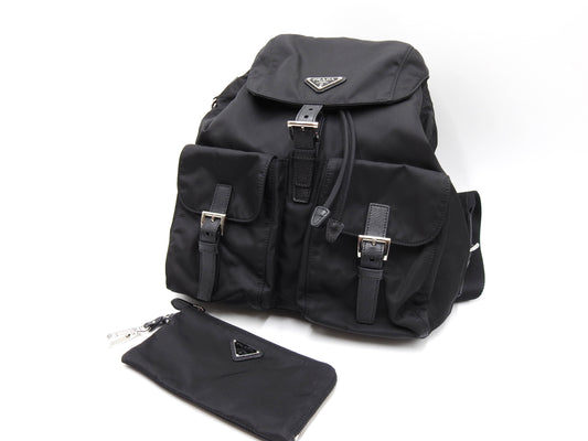 PRADA Re-Nylon Saffiano Leather Medium Backpack Bag Black Silver 1BZ811
