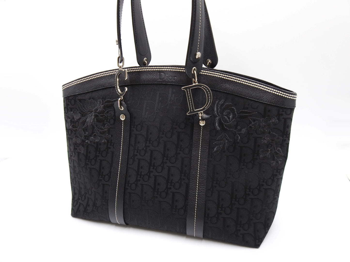 Christian Dior Trotter Flower Embroidery Shoulder Hand Bag Canvas Black