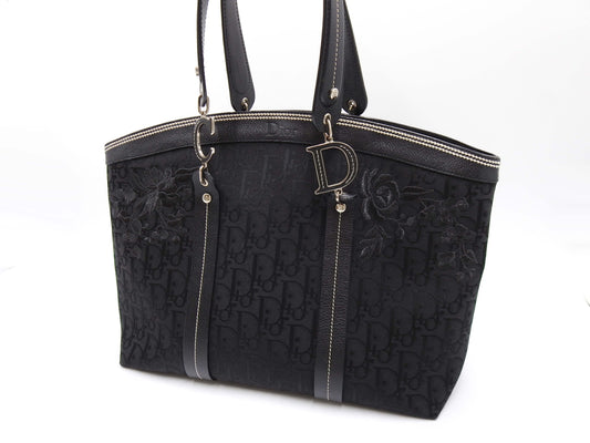 Christian Dior Trotter Flower Embroidery Shoulder Hand Bag Canvas Black