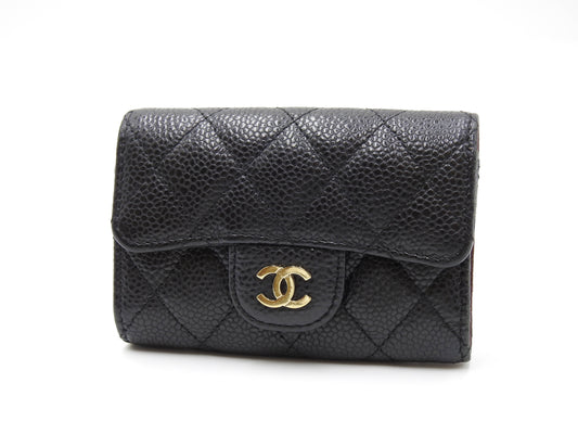 CHANEL CC Matelasse 4 Ring Key Holder Case Caviarskin Black Gold AP0222