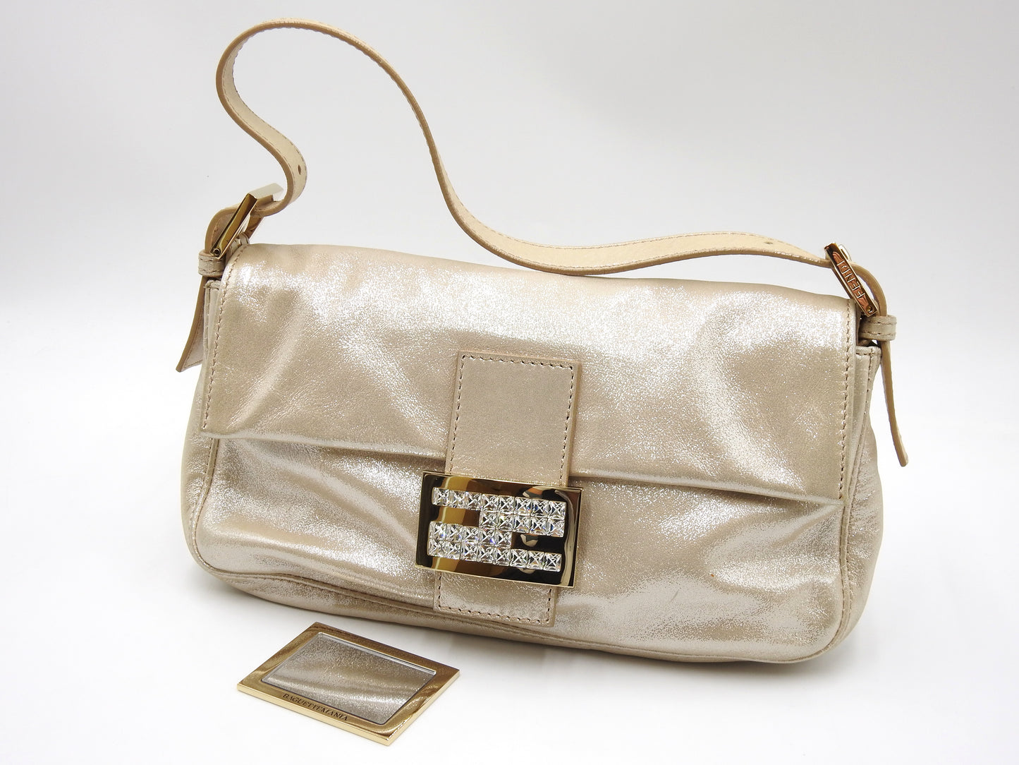 FENDI Crystal Mamma Baguette Shoulder Hand Bag Leather Beige Gold 8BR600