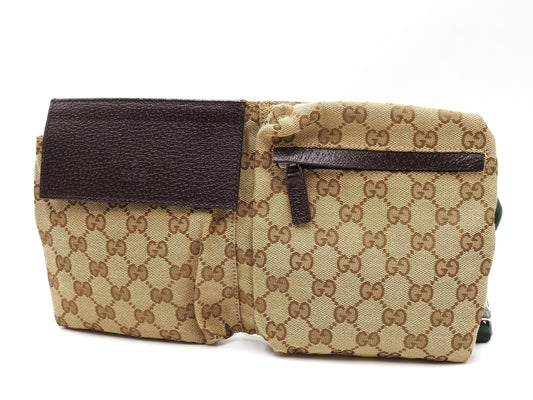GUCCI GG Canvas Web Waist Body Belt Bag Leather Beige Brown 28566