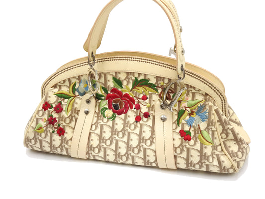 Christian Dior Trotter Embroidered Flower Hand Bag Canvas Leather Beige