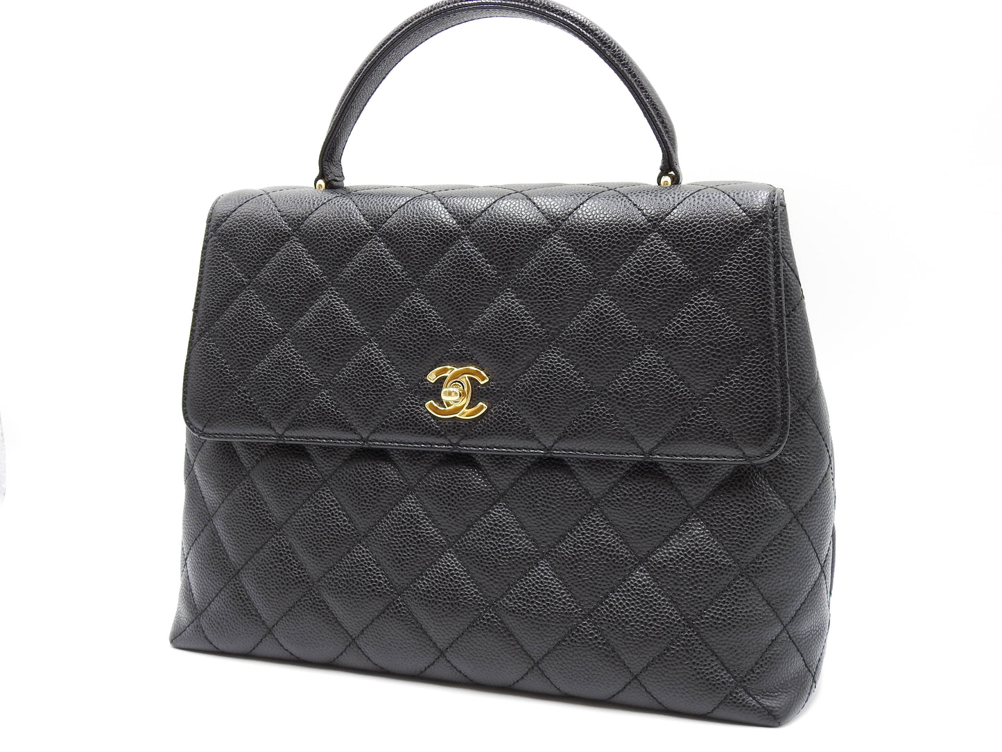 CHANEL CC Matelasse Kelly Top Handle Bag Caviarskin Leather Black A12397
