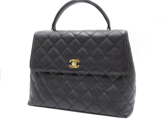 CHANEL CC Matelasse Kelly Top Handle Bag Caviarskin Leather Black A12397