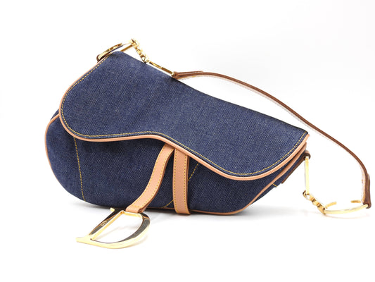 Christian Dior Saddle Bag Shoulder Hand Bag Denim Canvas Leather Navy Gold