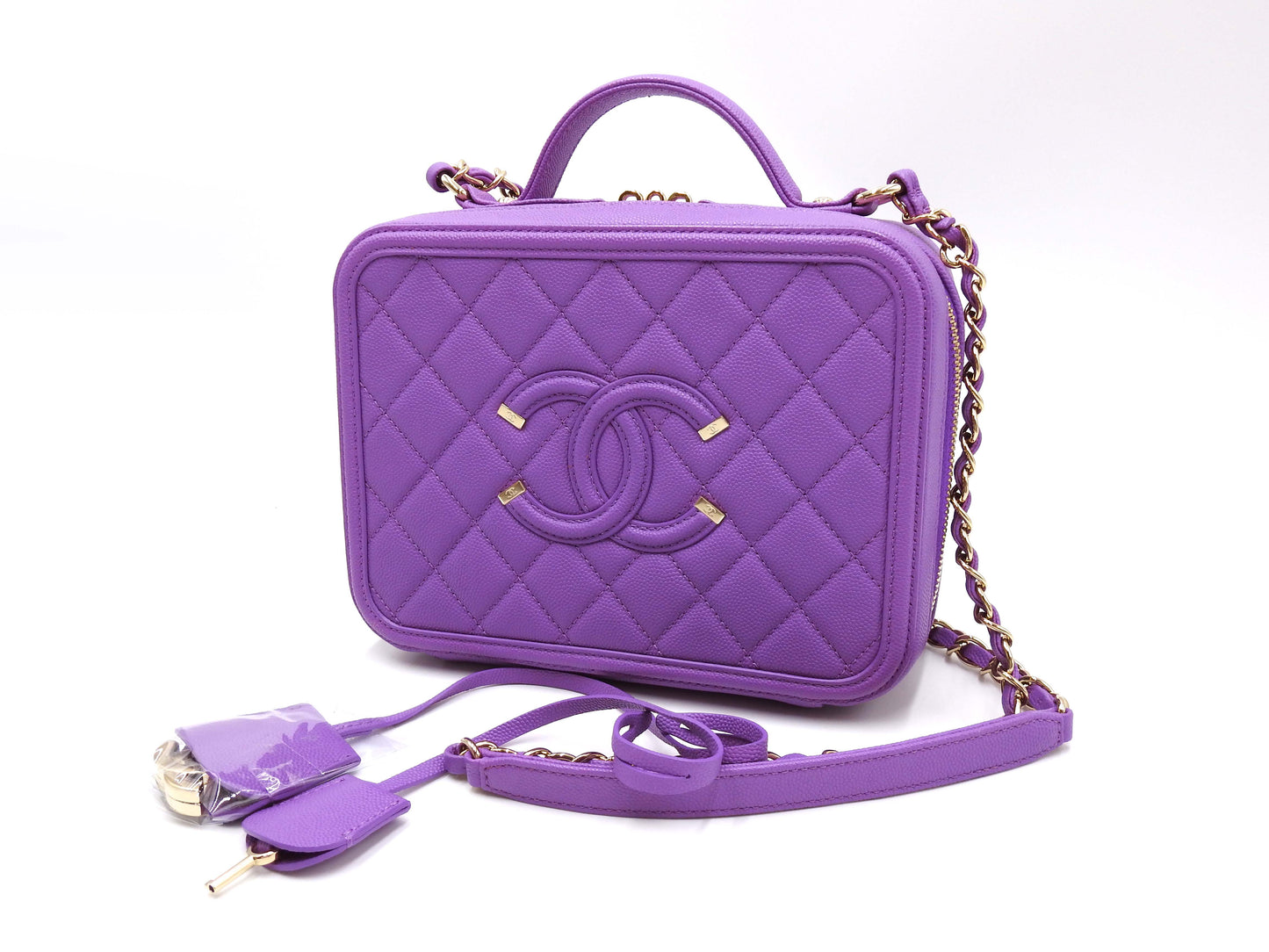 CHANEL CC Filigree Matelasse Shoulder Vanity Bag Caviarskin Purple A93343