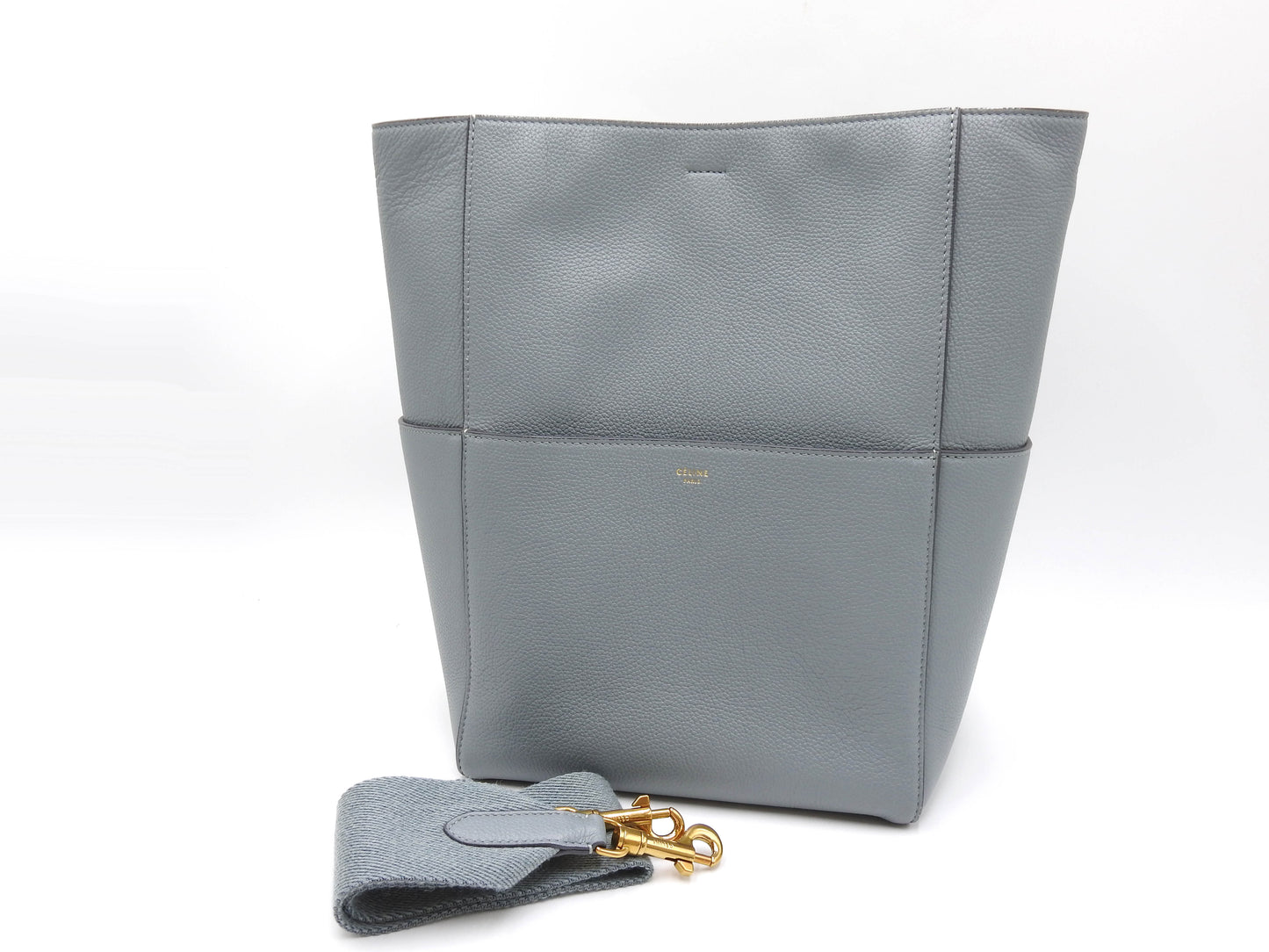 CELINE Medium Sangle Bucket Shoulder Bag Grained Calfskin Gray Blue 189593