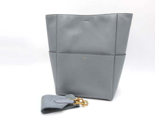 CELINE Medium Sangle Bucket Shoulder Bag Grained Calfskin Gray Blue 189593