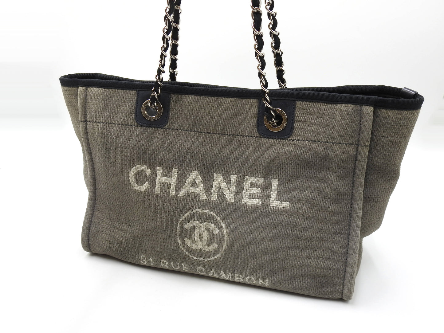 Chanel Deauville MM Tote Bag Shoulder Bag Canvas Gray Silver A67001