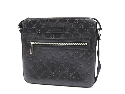 GUCCI Guccissima Crossbody Flat Messenger Shoulder Bag Leather Black 406410